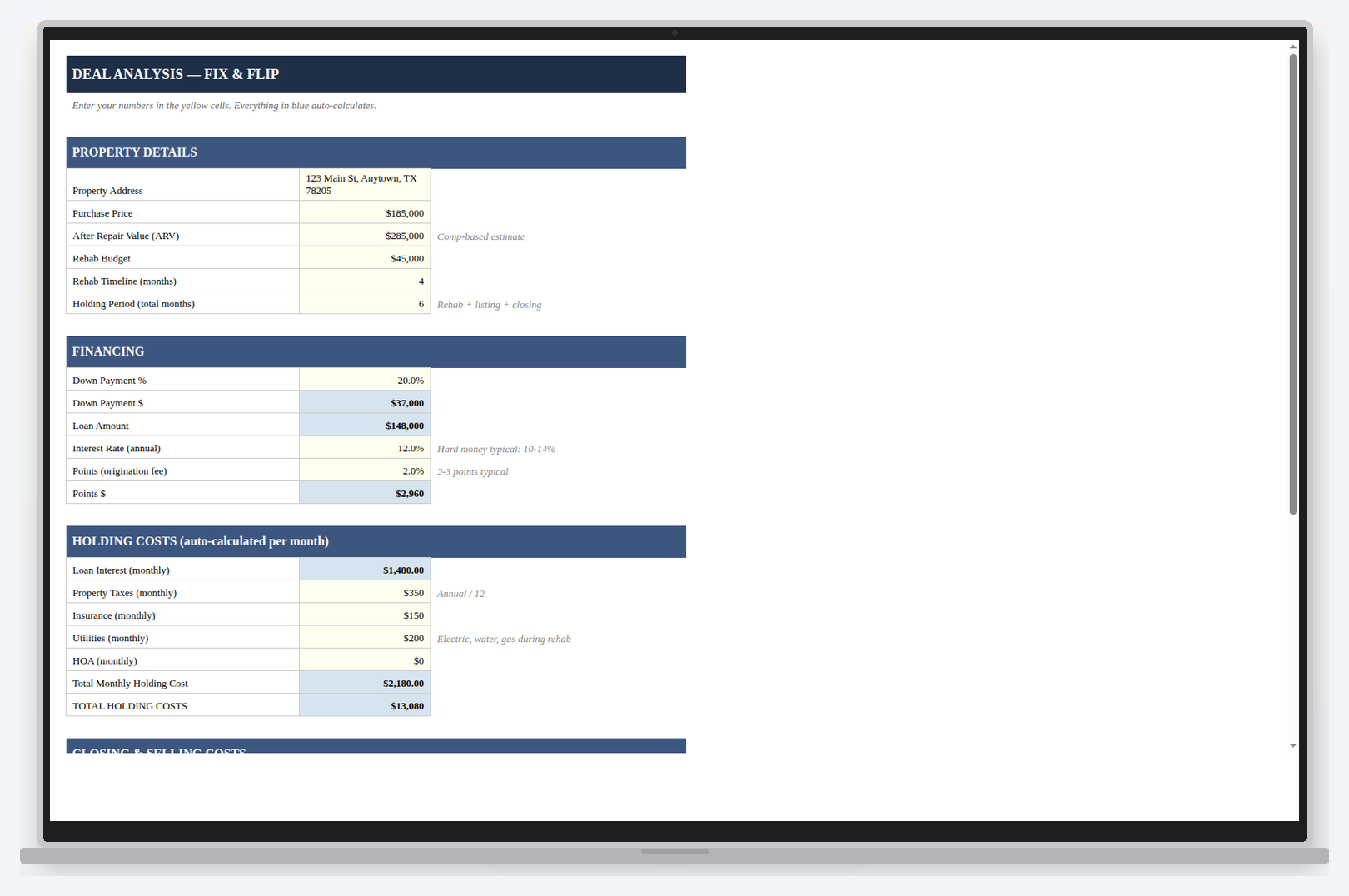 Fix and Flip Calculator spreadsheet computing purchase, rehab and holding costs against projected profit.