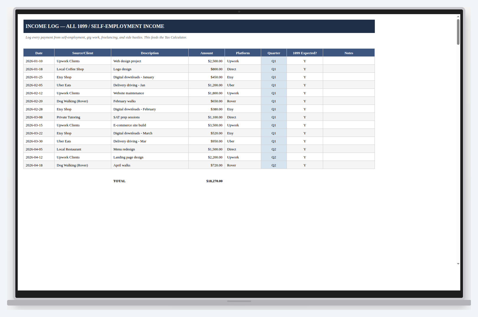 Quarterly Tax Estimator spreadsheet calculating estimated quarterly tax payments from income.