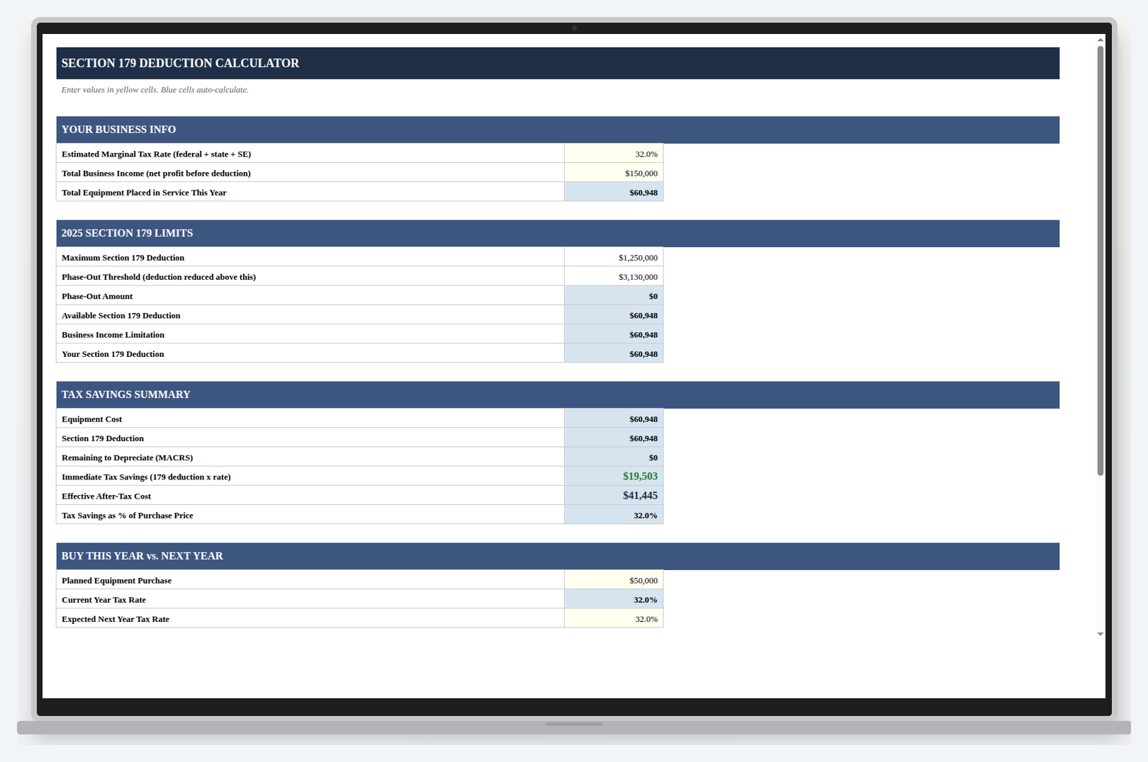 Section 179 Deduction Calculator spreadsheet estimating first-year equipment write-offs.